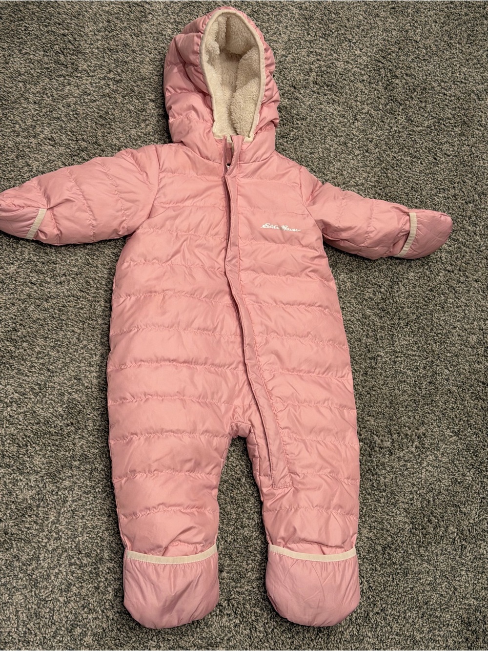 Eddie Bauer Baby Girls Pink Puffer Snowsuit Bunting 12M Sherpa Hood Foldover Mit
